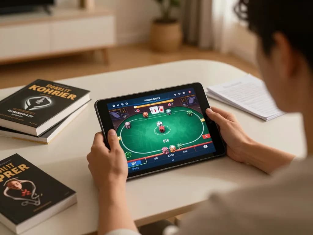 Person playing Net88 poker game on tablet in a cozy modern setting, focusing on strategy.
