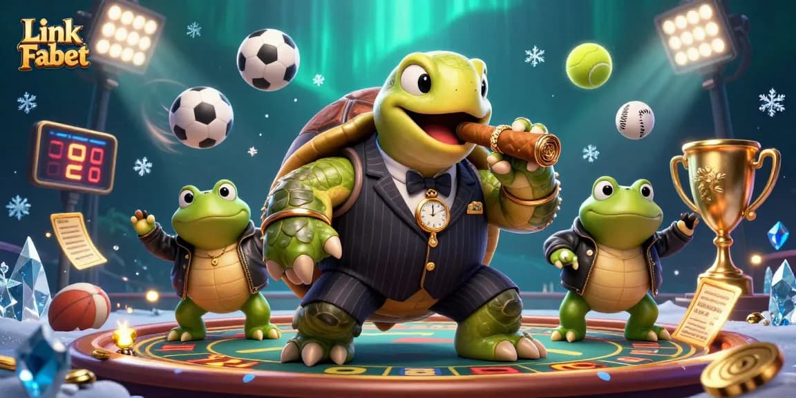 Bet on sports with Link Febet's vibrant cartoon casino illustrated scene featuring turtles and frogs.