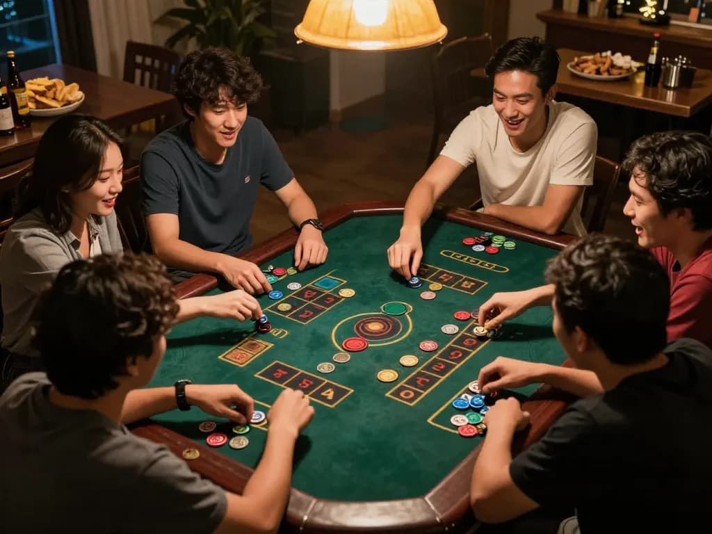 Xóc đĩa game night with players cheering and betting at a traditional table, creating an exciting atmosphere.