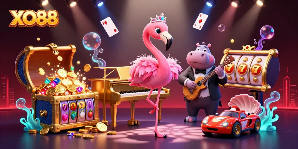 Experience the excitement of XO88 with vibrant casino elements and dynamic characters in this engaging illustration.