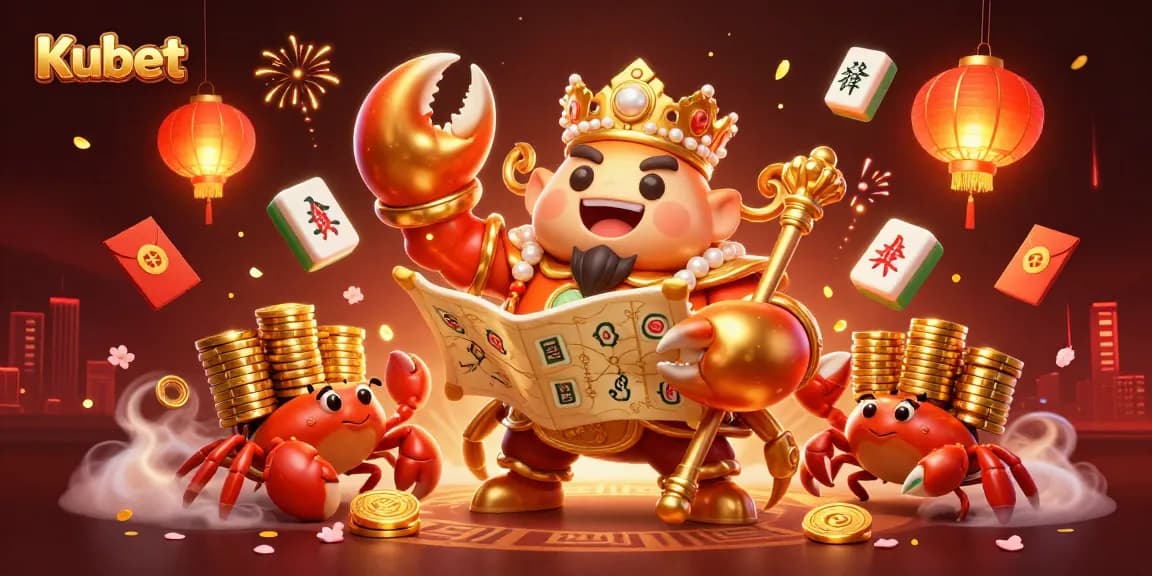 Kubet's royal crab emperor holding treasure map, surrounded by casino elements and vibrant decorations.