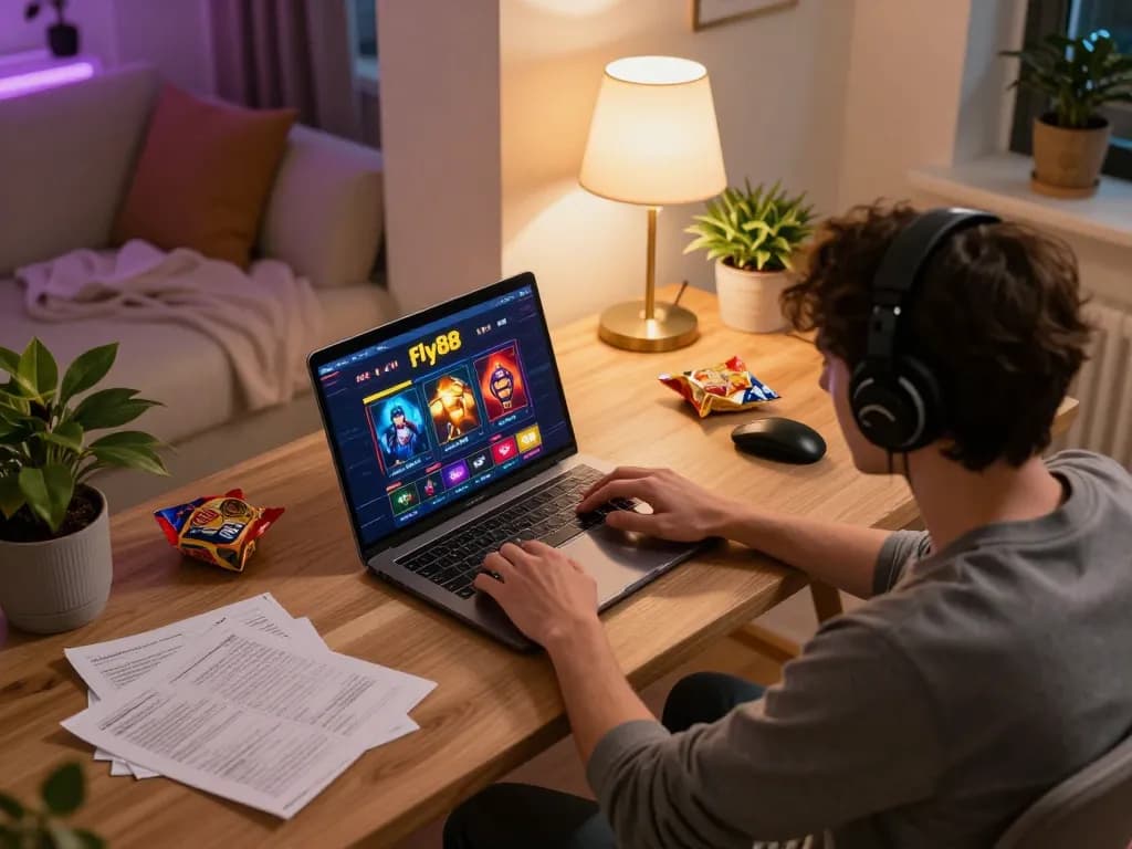 Engaging in online gambling activities at fly88 with a stylish gaming setup and warm ambiance.