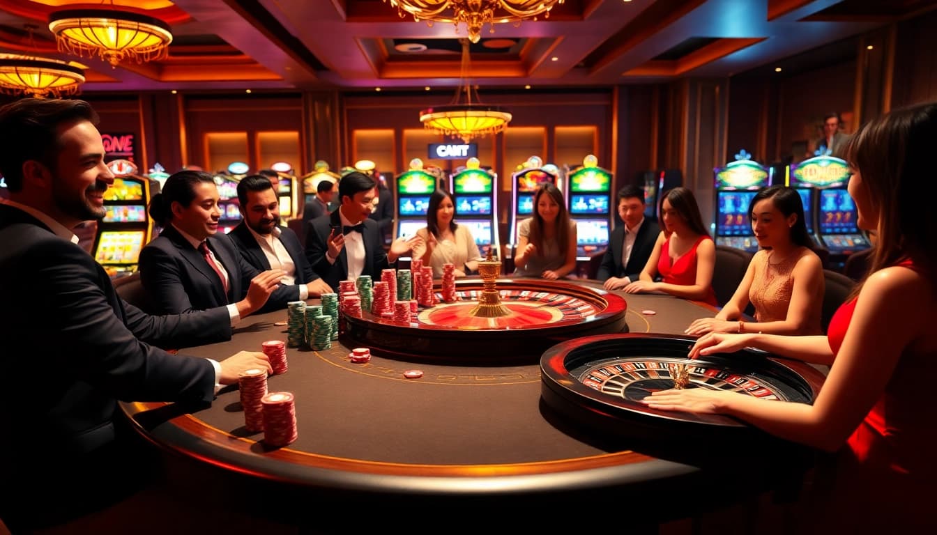 Experience the excitement of NHÀ CÁI NOHU90 with a lively poker game and vibrant casino atmosphere.