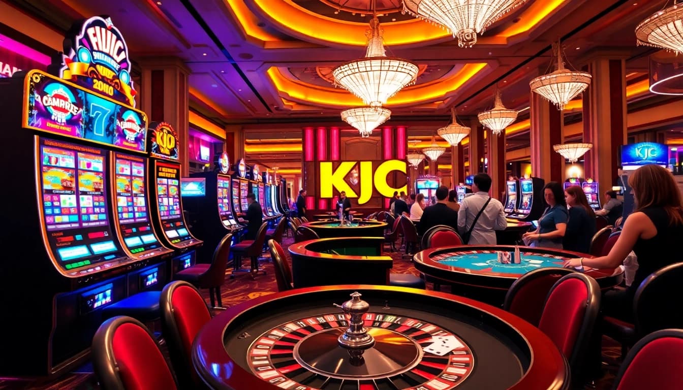 KJC casino scene showcasing dynamic poker players and vibrant slot machines in a luxurious atmosphere.