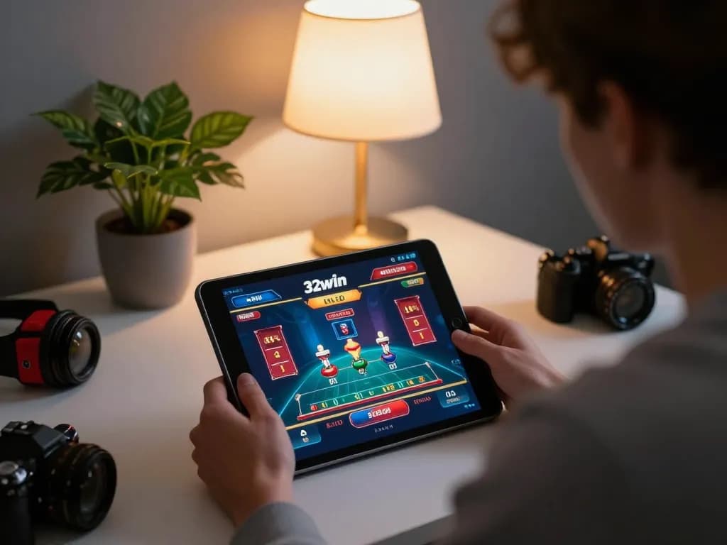 Engaging with a 32win live dealer game on a tablet in a cozy home setting.