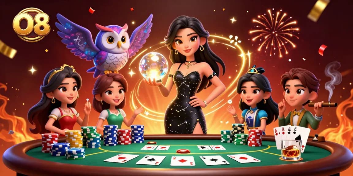 Experience the excitement of O8 poker with enchanting characters and celebratory casino elements.