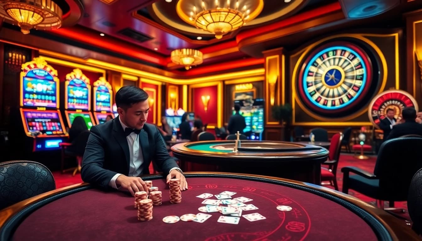 KP88 casino players engaging in an exciting game night filled with vibrant visuals and thrilling gambling action.