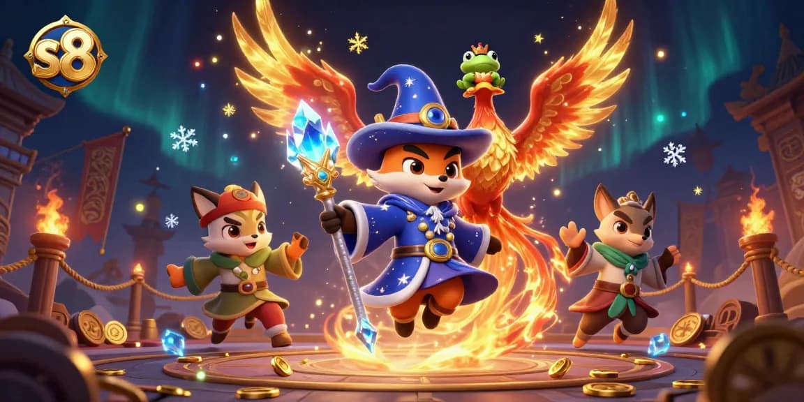Join the thrilling action at s8 with a mystical wizard fox and fiery phoenix in a dynamic gambling scene.