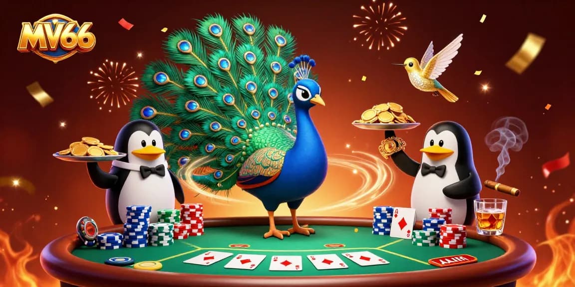 Experience the excitement of MV66 as the majestic peacock showcases its gemstone feathers while the butler penguin serves golden chips.