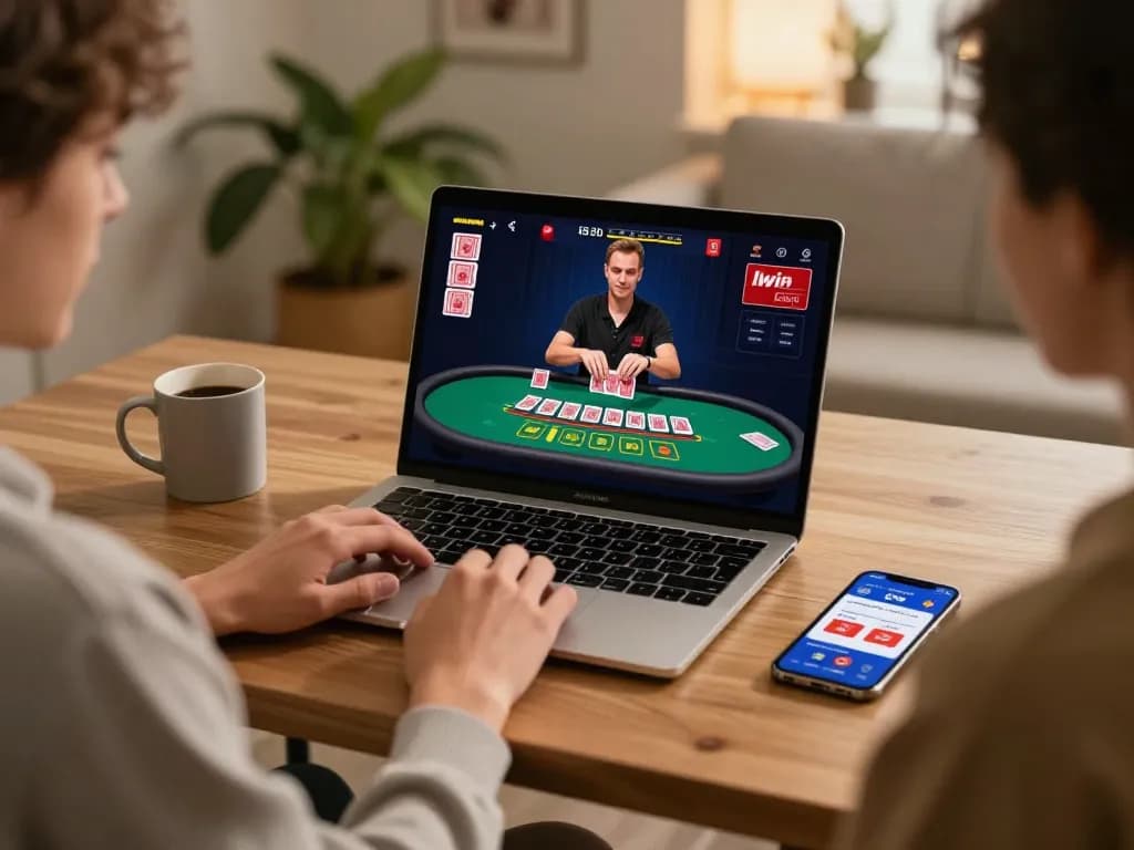 Player engaging with llwin online casino on laptop while enjoying a cozy home setup.