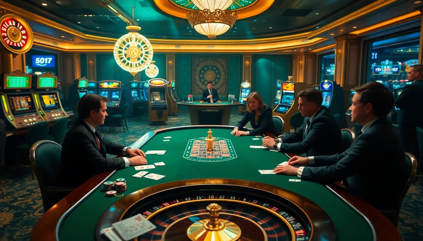 Gamble strategically at MMOO, with professional players at a high-stakes poker table amidst an exciting casino atmosphere.