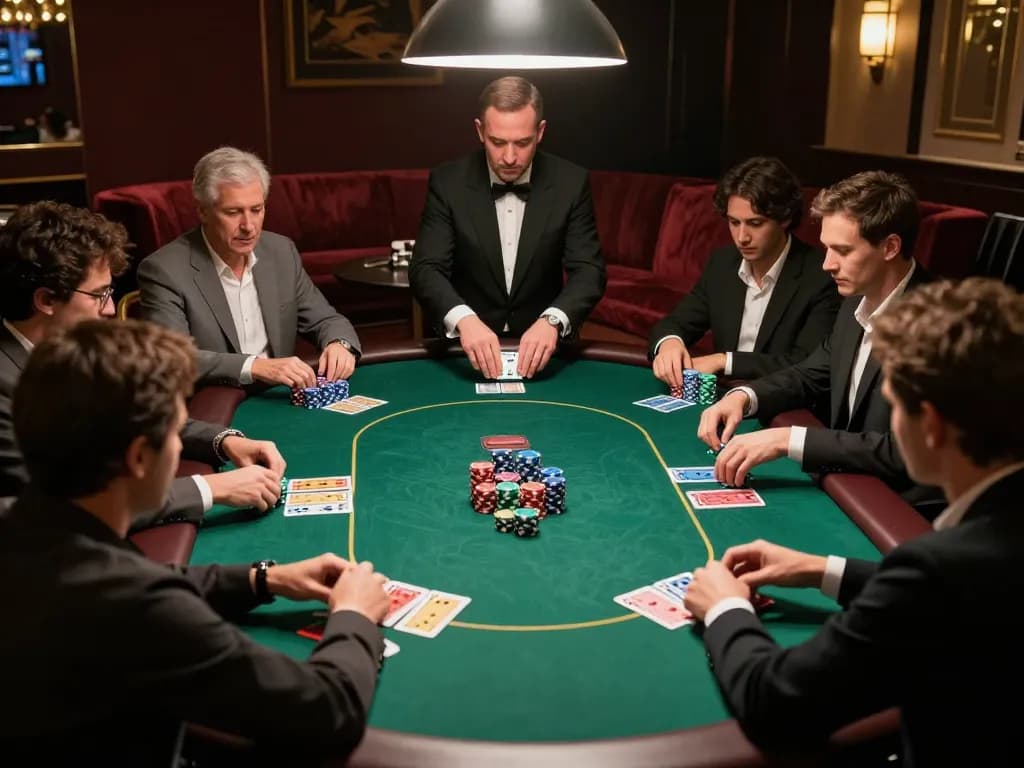 Engaged players strategizing in a high-stakes poker game at a luxury casino, showcasing gen-e gameplay.