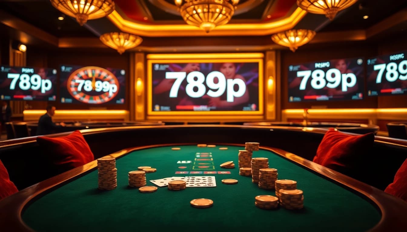 Players strategizing with 789p at a luxurious casino table amidst vibrant gaming excitement.