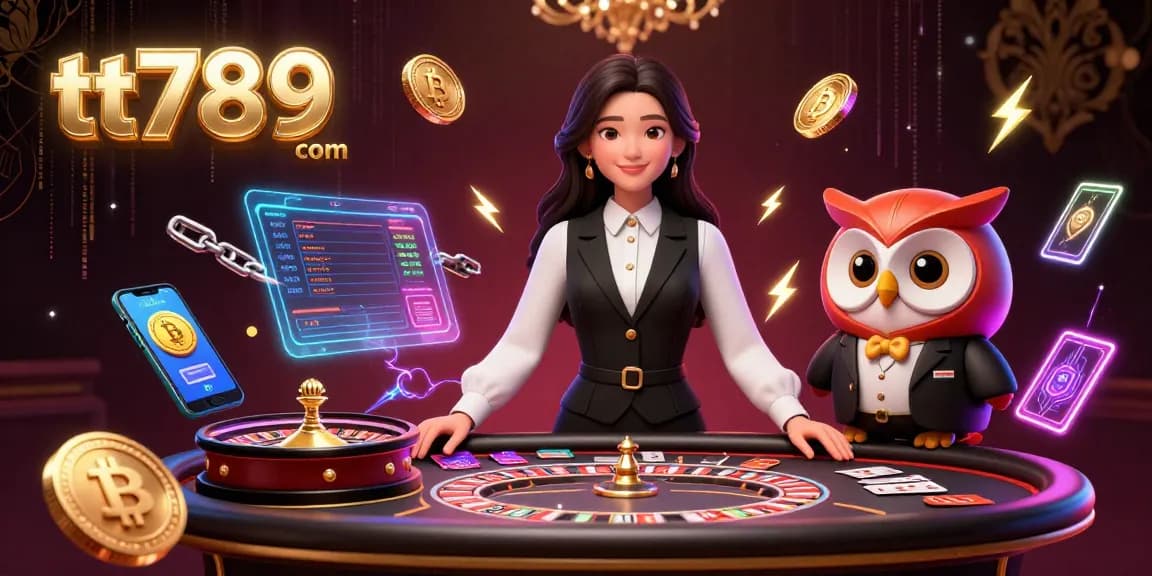 Taruhan di tt789 com dengan adegan meja baccarat yang menarik menampilkan dealer yang tersenyum dan elemen kripto.
