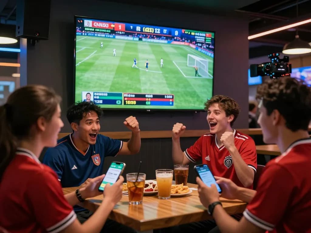 Engaged bettors using brewteams mobile app to place bets on live football matches in an exciting sports bar atmosphere.