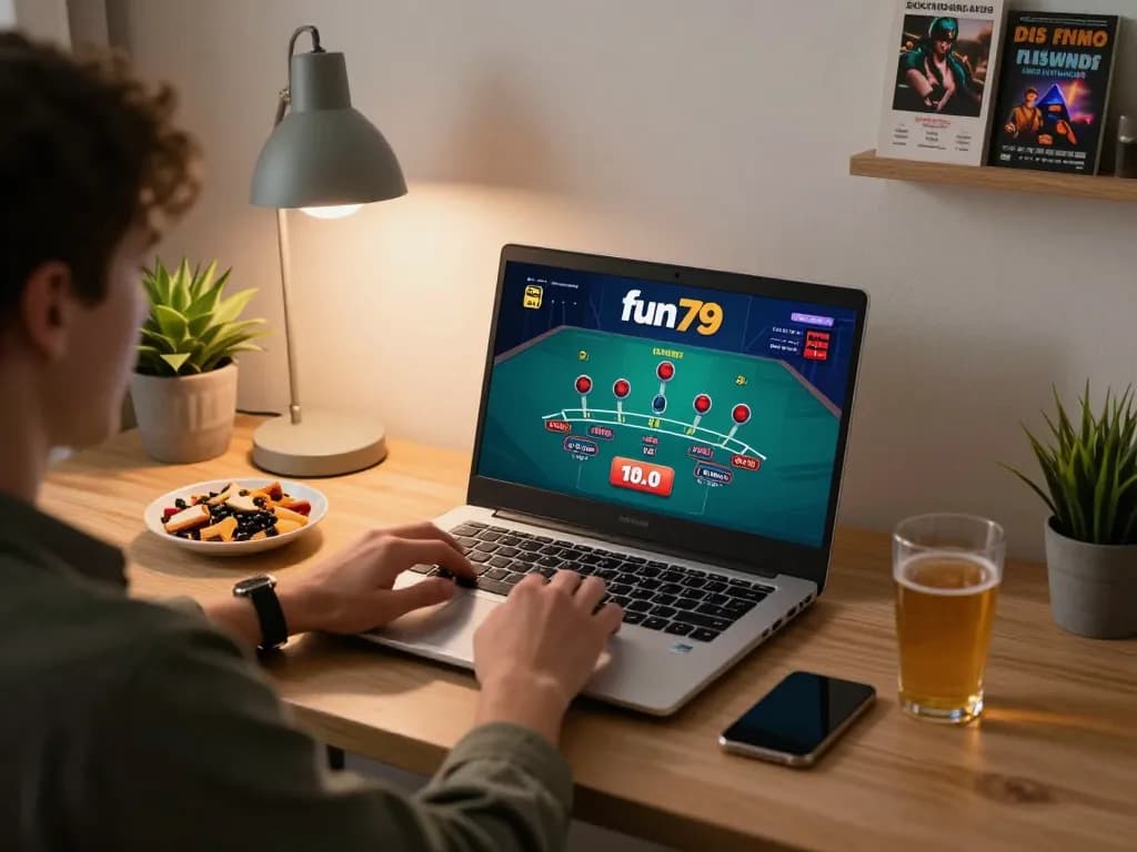 Person engaged in an exciting online blackjack game on fun79 com with cozy home setup