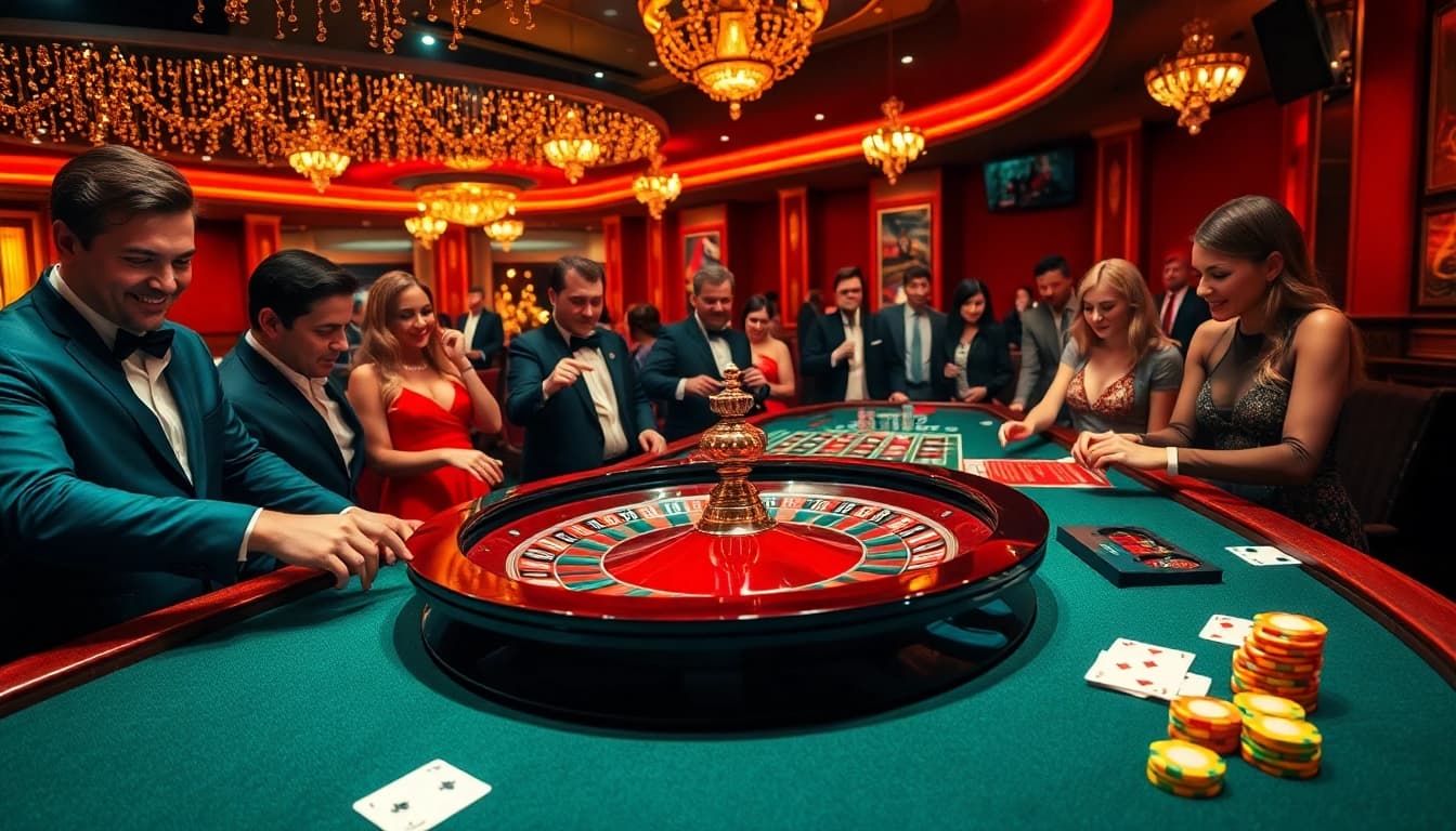 Players enjoying an exciting game at a roulette table, highlighting g28.com for thrilling casino experiences.