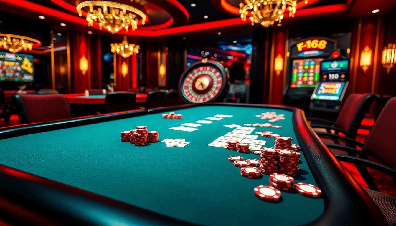 F168 casino scene featuring a poker table with vibrant chips and cards, embodying excitement.