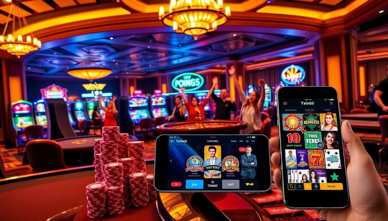 Gambling excitement at Twin68 with vibrant casino tables and slot machines.