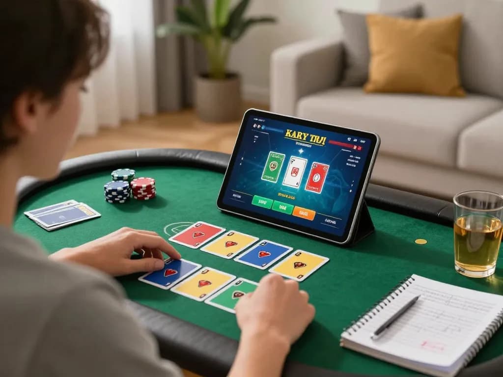 Engaged player using keonhacai5 for online poker strategy at home with cozy decor.