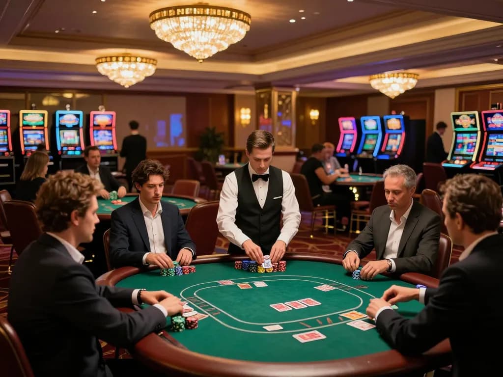Players engaging in Game bài đổi thưởng at a vibrant casino, showcasing intense strategies and lively atmosphere.