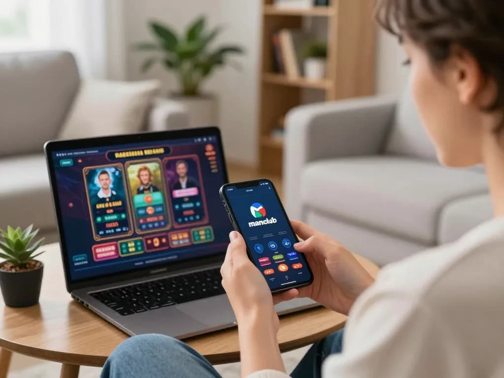 Manclub user enjoying mobile casino gaming on a smartphone in a cozy living room setting.