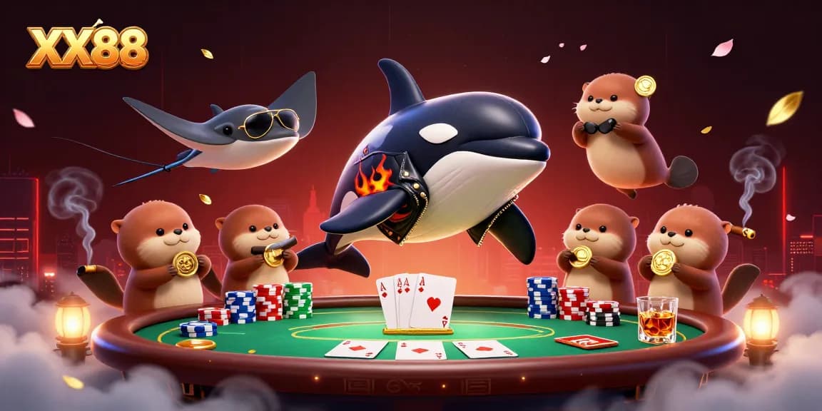 Win big at XX88 with a vibrant 3D casino scene showcasing playful sea creatures and poker elements.