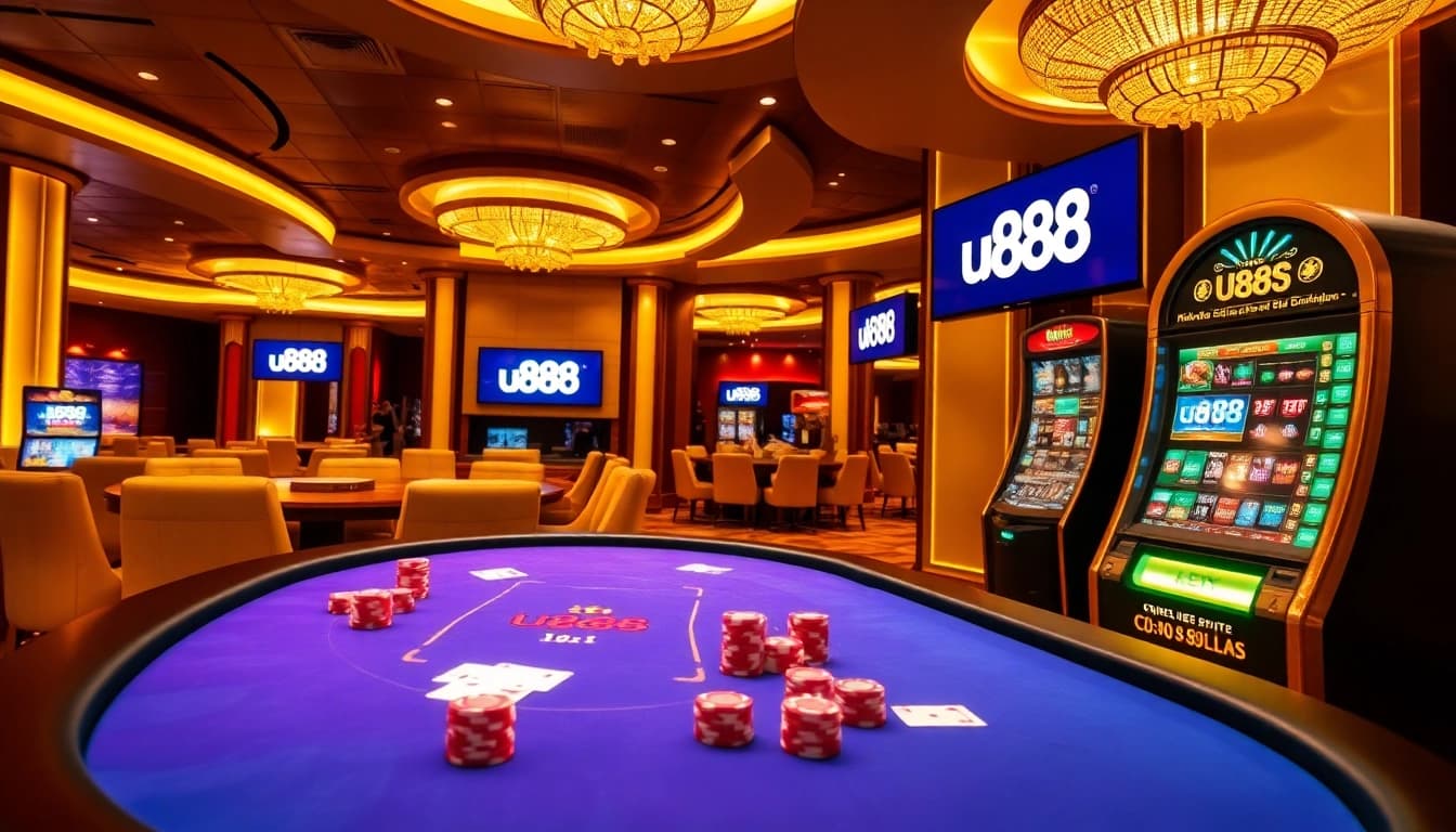 Action-packed gaming scene at u888 casino with poker chips and a glowing roulette wheel.