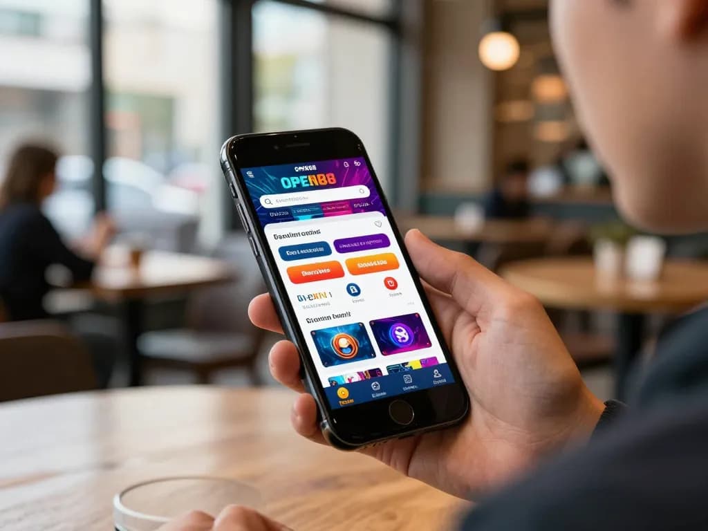Player exploring open88 homepage on smartphone, betting on live events in a cozy café setting.
