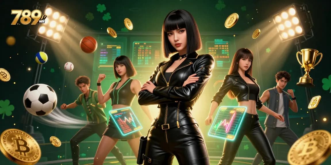 Experience thrilling gaming with 789win, featuring a powerful Asian woman in a dynamic casino scene.