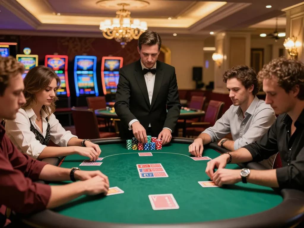 Players engaged in an O8 SOCIAL poker game at a luxurious casino table, showcasing excitement and strategy.