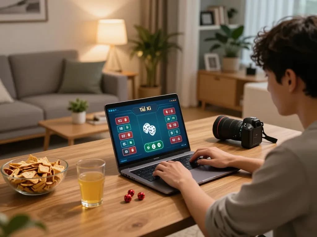 Tài xỉu gameplay on laptop in a cozy home setting with snacks and drinks