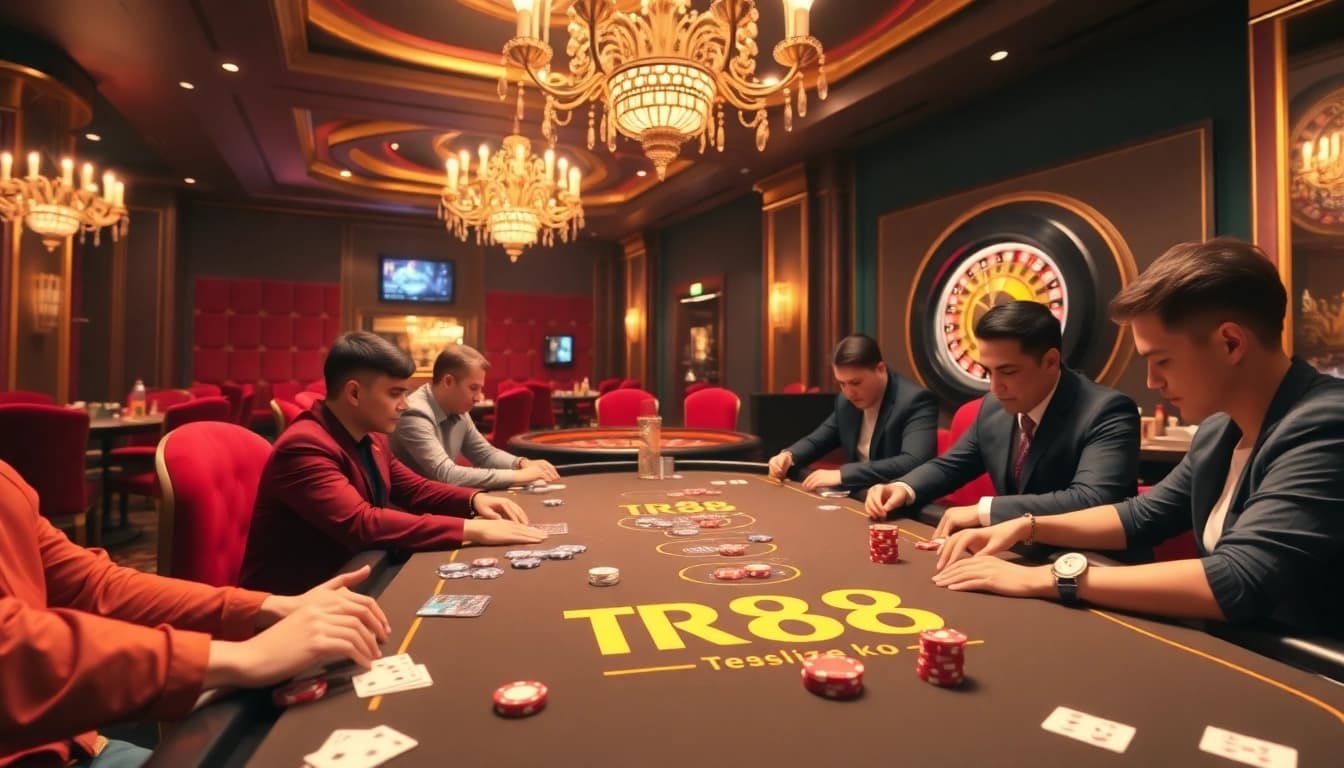 Experience the thrill at the TR88 poker table amidst a vibrant casino atmosphere, showcasing excitement and strategy.