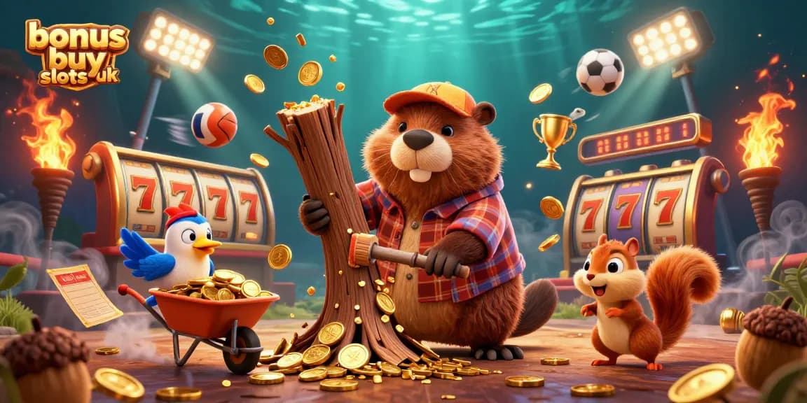 Win big with bonus buy slots UK as a beaver chops a coin tree, accompanied by a bird and squirrel.