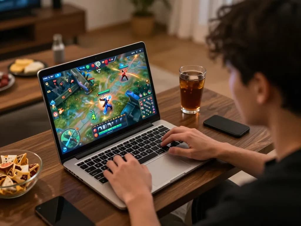 Engaged player enjoying the game TT88 on a laptop in a cozy home setting, complete with snacks and ambient lighting.
