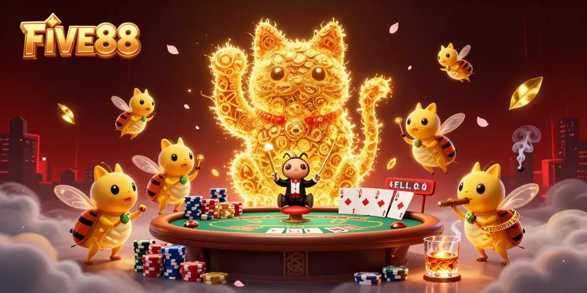 Experience the charm of FIVE88 with our golden fireflies, lucky cat, and poker elements.