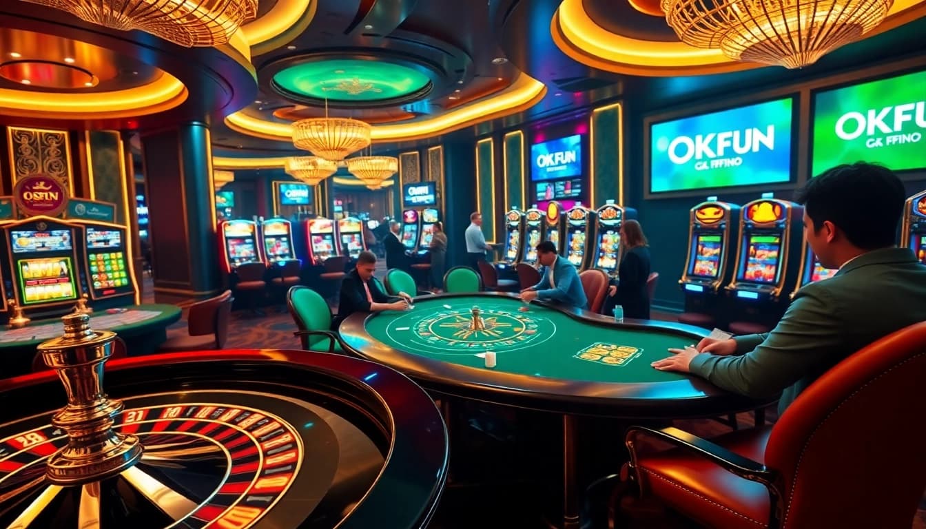 OKFUN casino scene with vibrant poker table, roulette wheel, and slot machines.