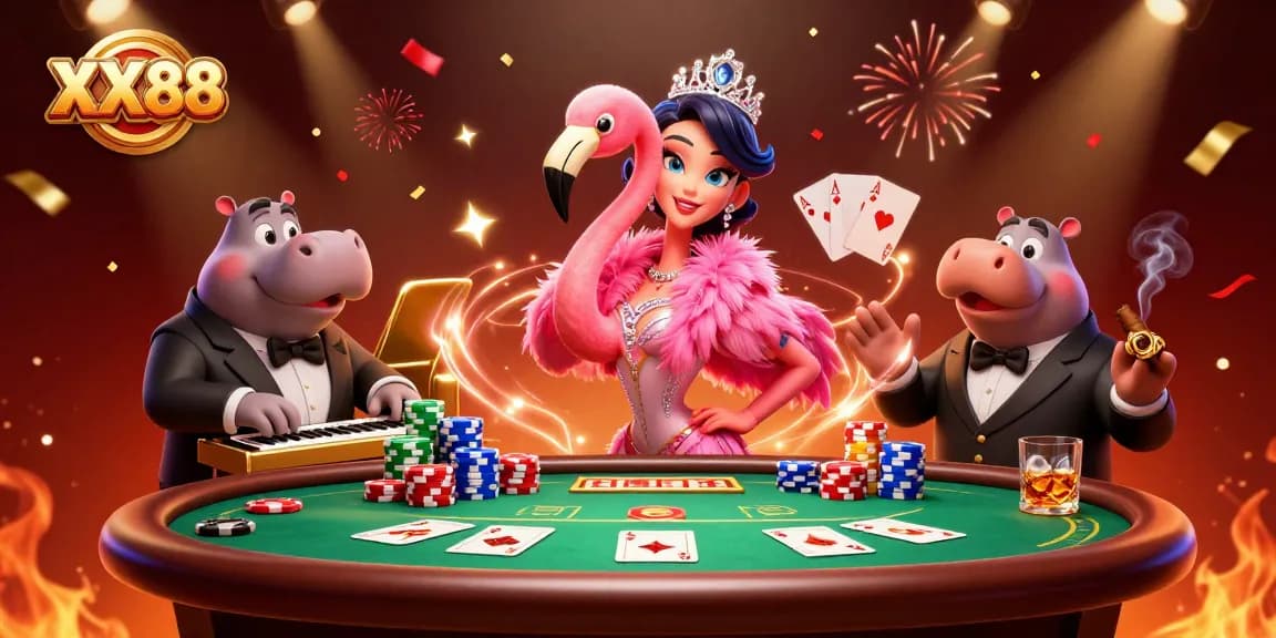 Experience the vibrant atmosphere at XX88 Casino, featuring vivid 3D characters and casino elements.