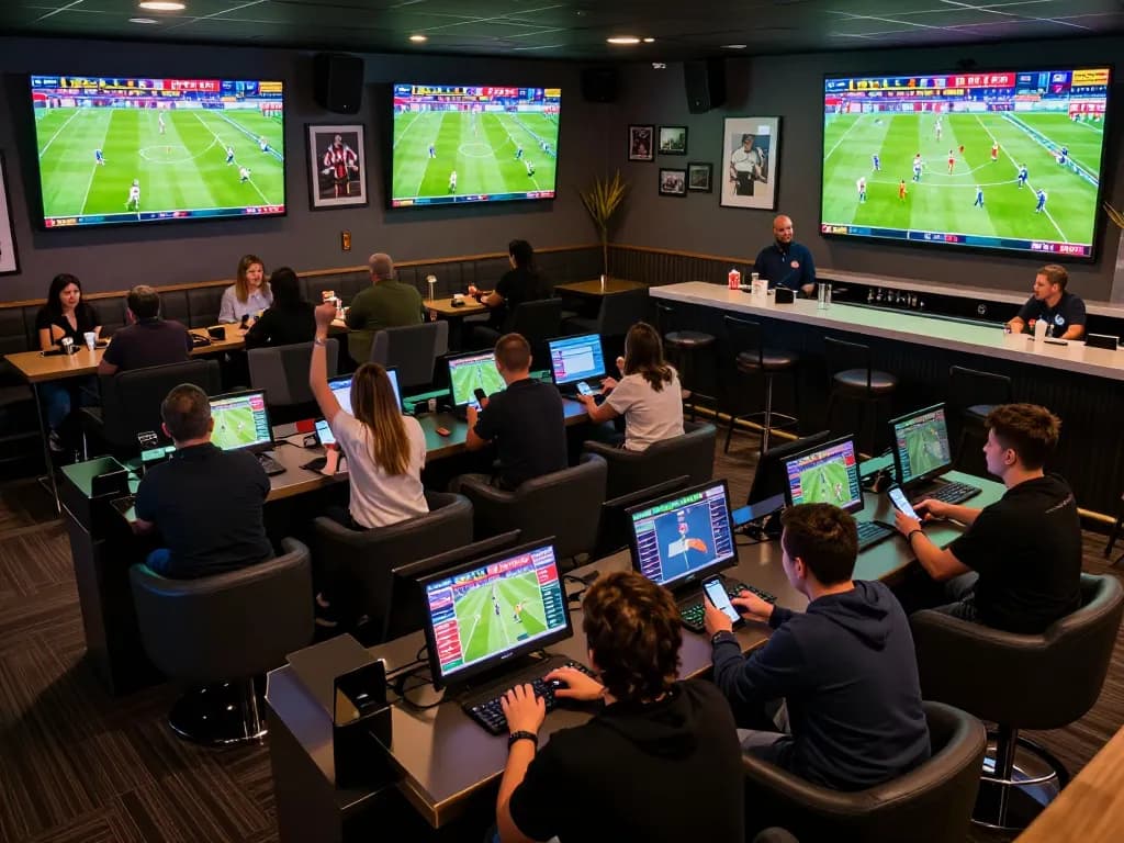 Soi kèo bóng đá enthusiasts engaged in live sports betting at a vibrant lounge