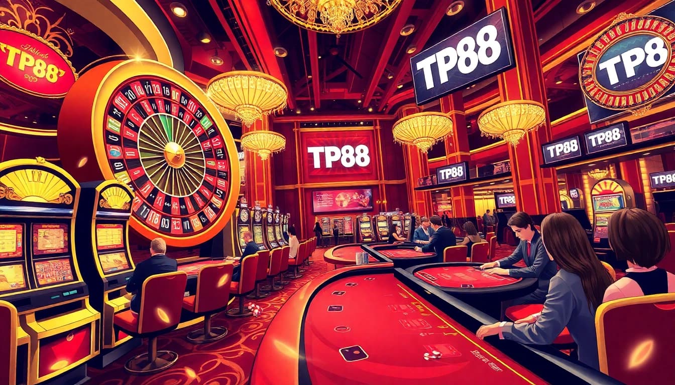Players enjoying their winnings at TP88 casino gaming tables, with vibrant slot machines in the background.