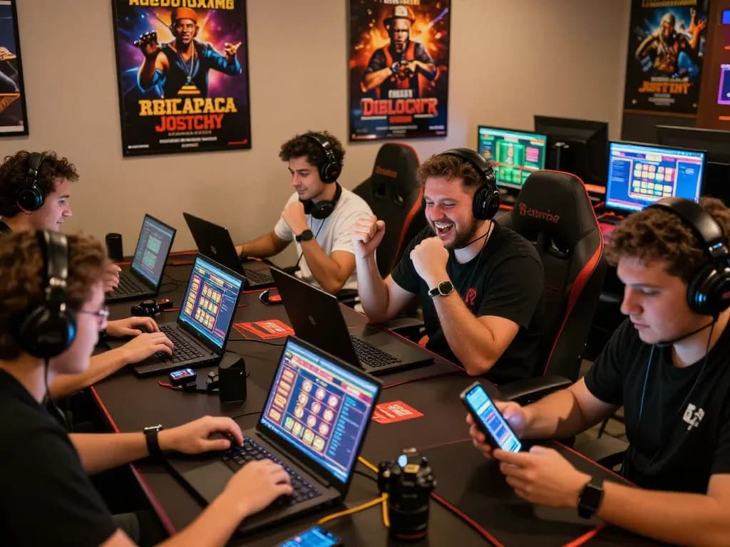 Exciting online gaming scene capturing players engaged with okwin.com, celebrating wins and discussing strategies in a cozy lounge setting.