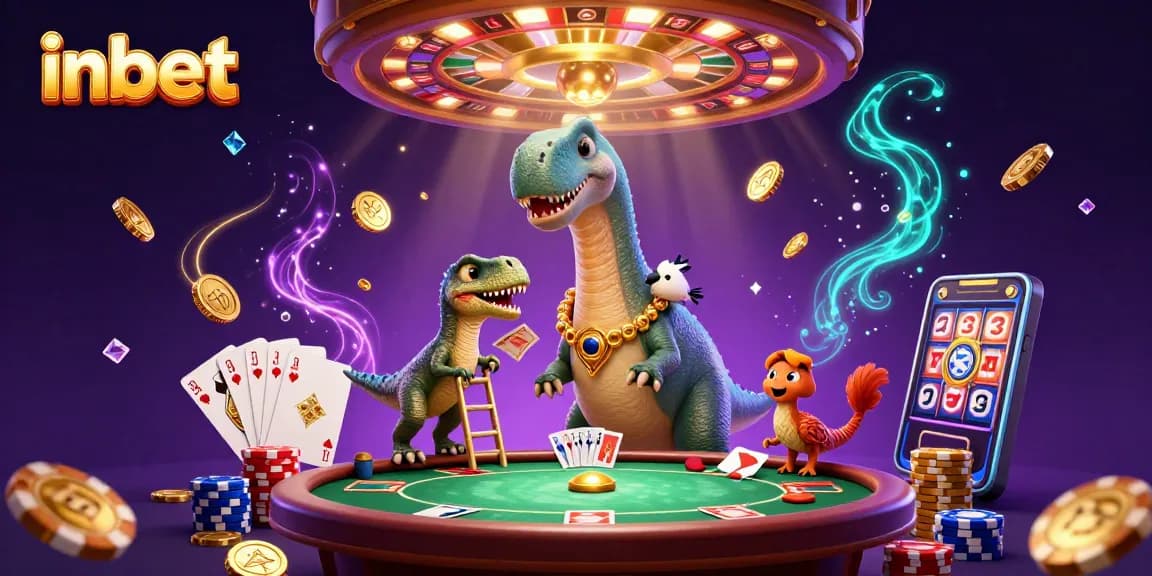 Inbet casino illustration with brontosaurus and raptor dealing cards in a vibrant setting