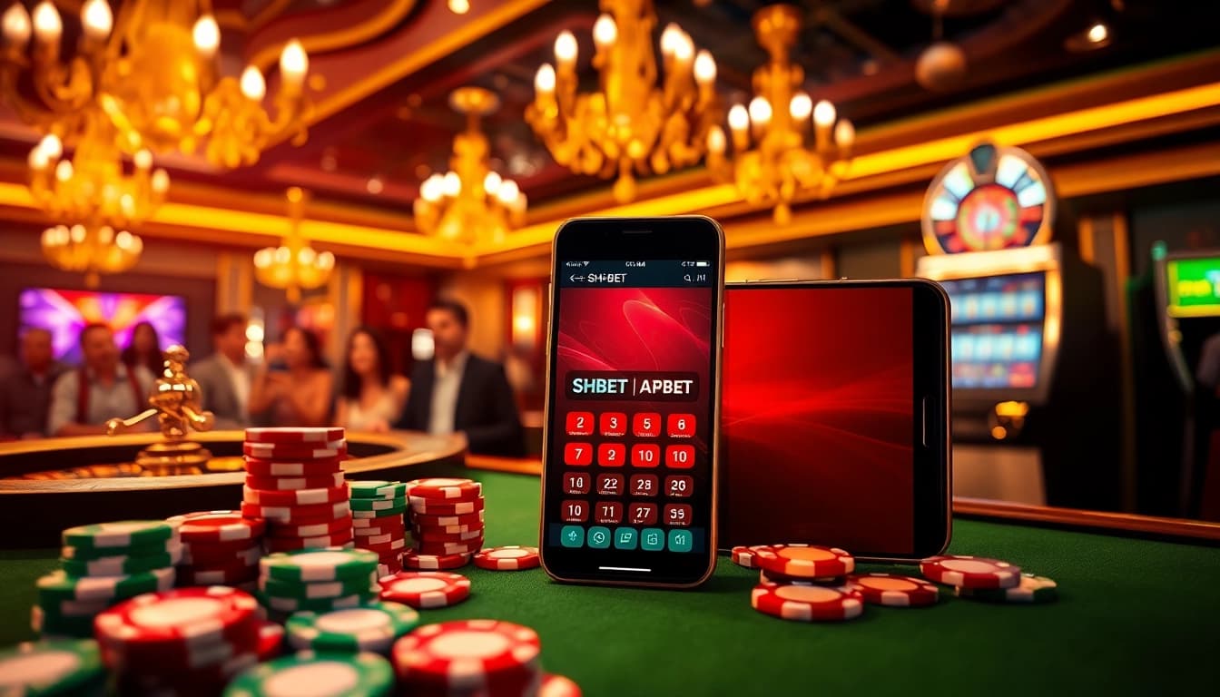 Excitedly download the tải app SHBET on a smartphone amidst casino action with poker chips and a roulette wheel.