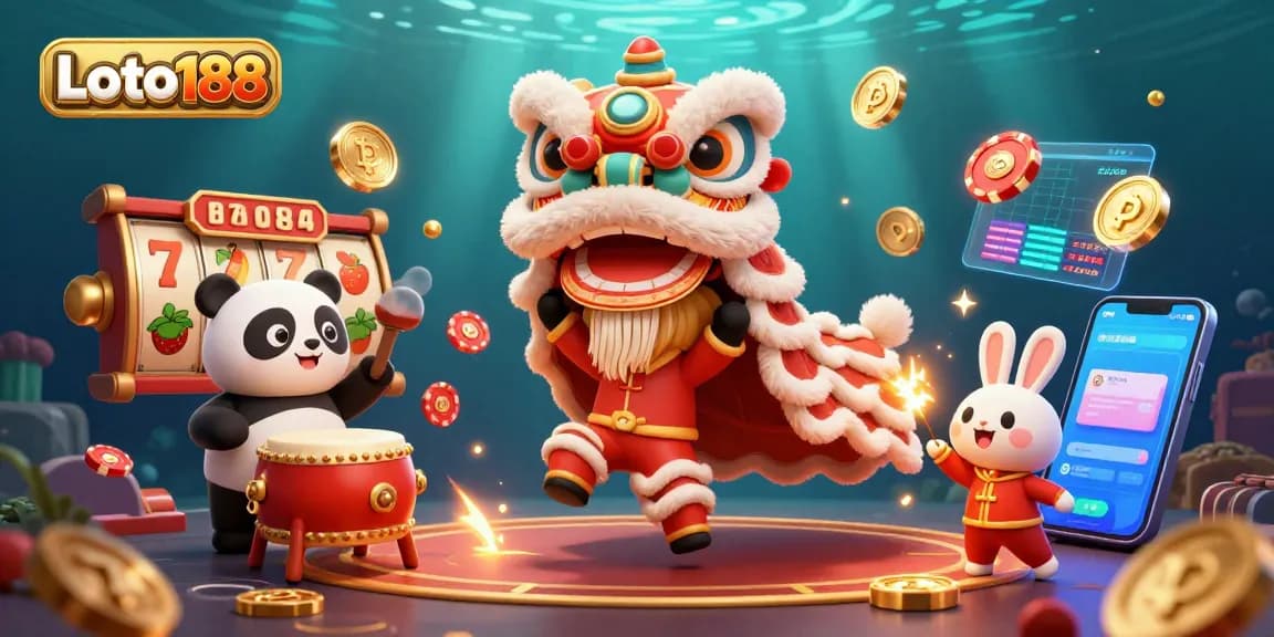 Loto188 casino illustration depicting characters celebrating with slot reels and cryptocurrency elements.