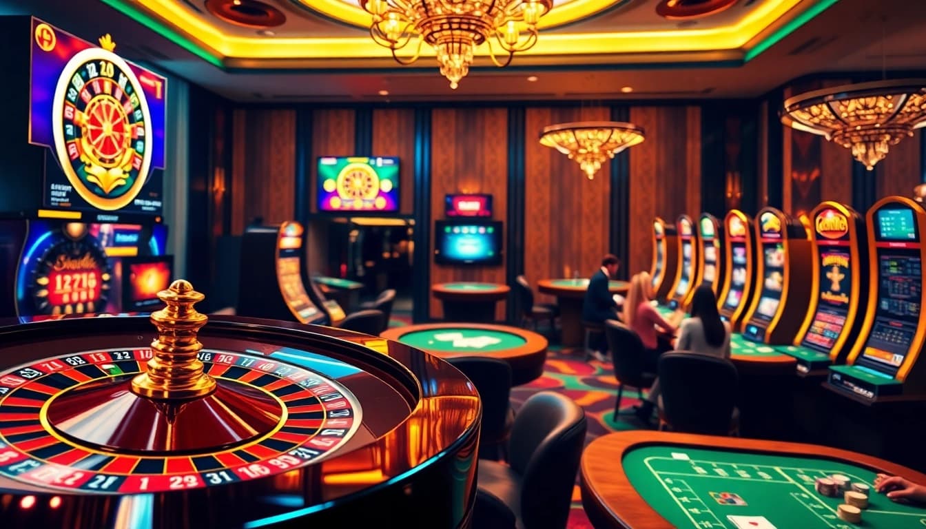 Experience the excitement of winning at https://mm88.press/ with a vibrant casino scene showcasing roulette and slot machines.