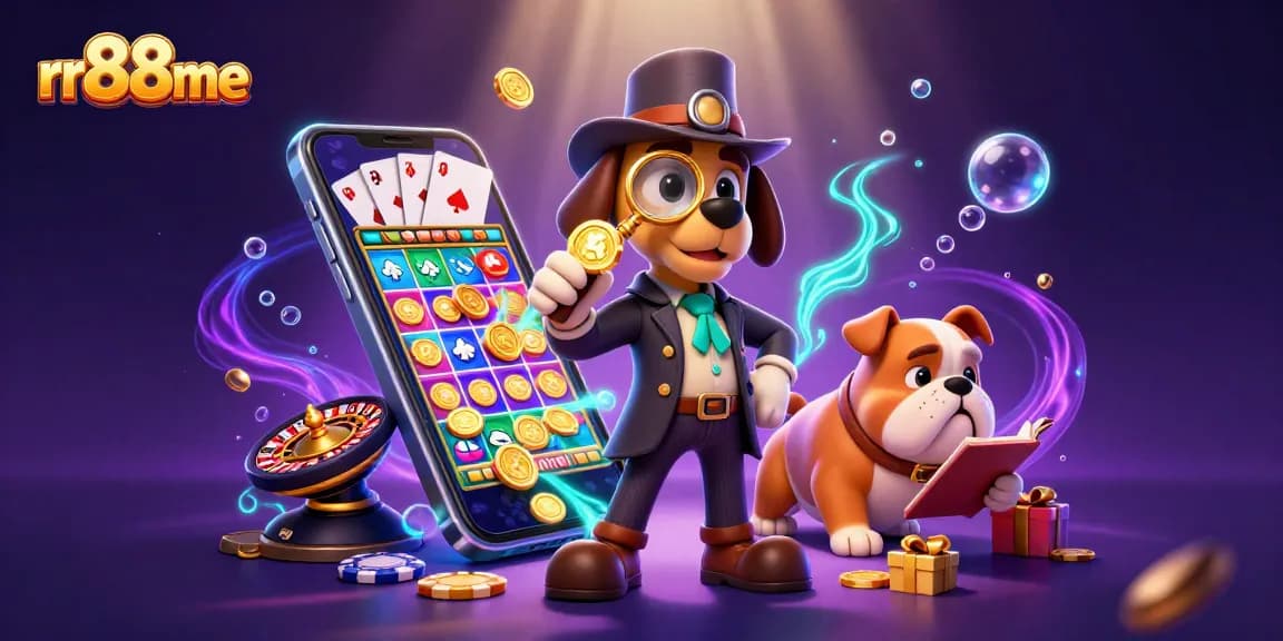 Win big at rr88me with a 3D cartoon detective uncovering poker chip clues amidst vibrant casino elements.