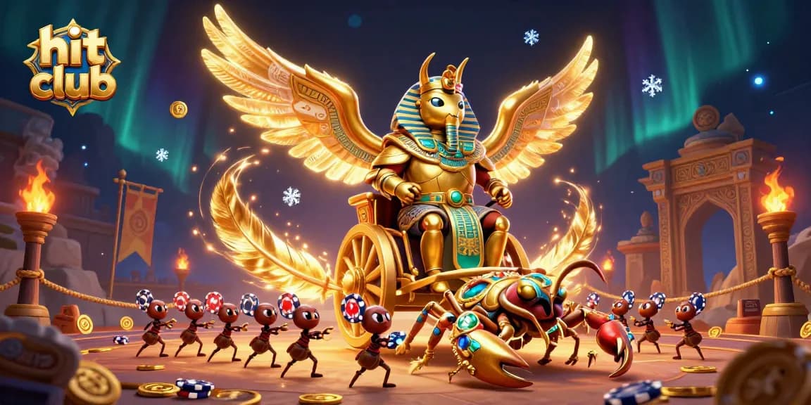 Hit club gaming experience with a colossal scarab beetle and scorpions in a vibrant gambling arena.