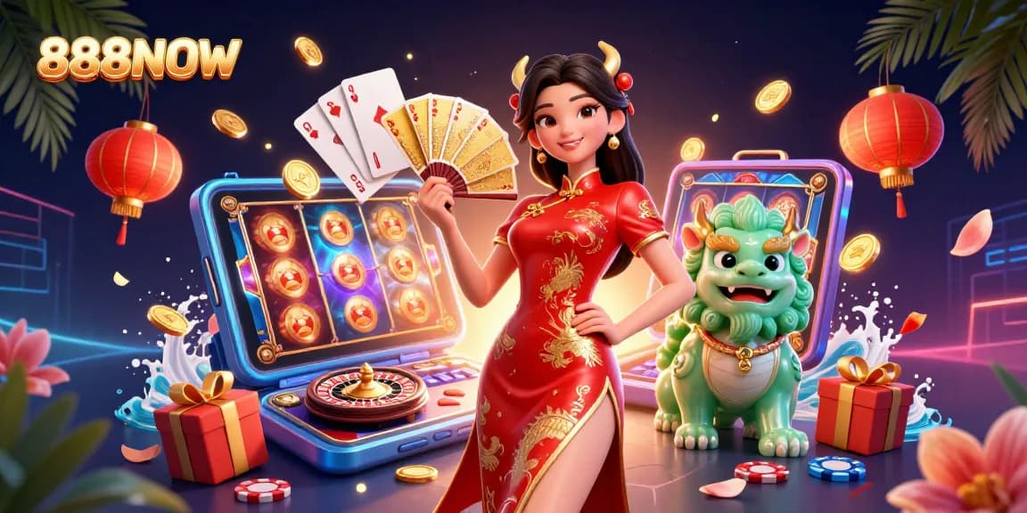 Experience the thrill at 888NOW with a lively casino scene showcasing gaming excitement and vibrant characters.