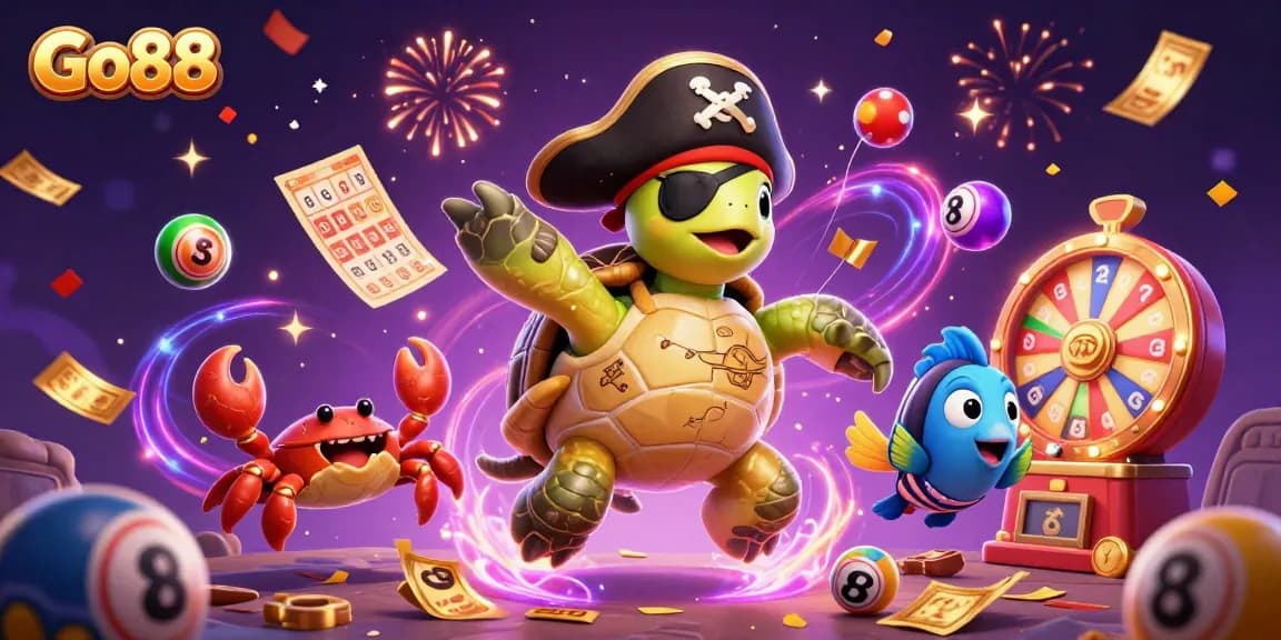 Engage with Go88's vibrant gaming universe featuring colorful lottery balls and festive elements.