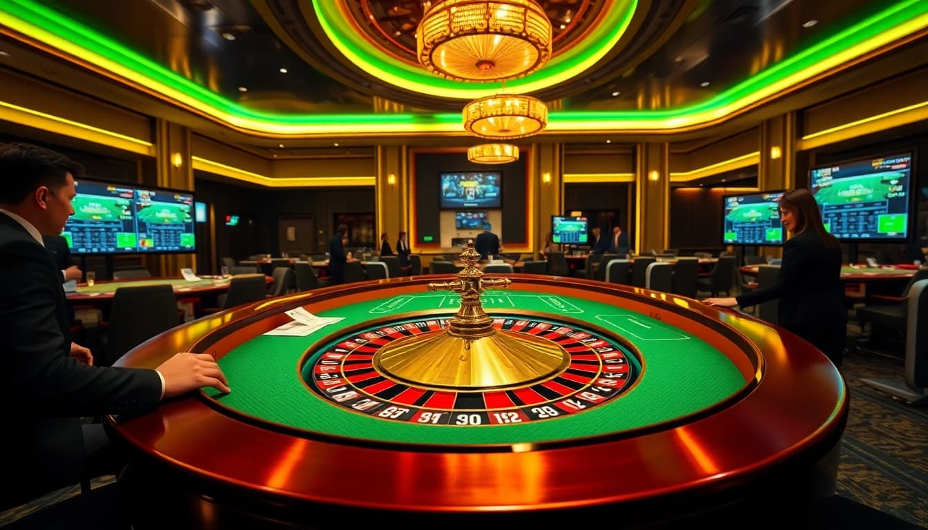 Experience thrilling roulette action at VaoluoiTV's luxurious casino scene with vibrant colors.
